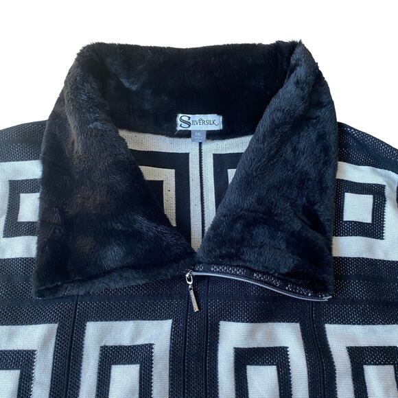 Y2K Silversilk Geometric Zip Up Cardigan Sweater Men 4XL Black White Faux Fur - Picture 4 of 8